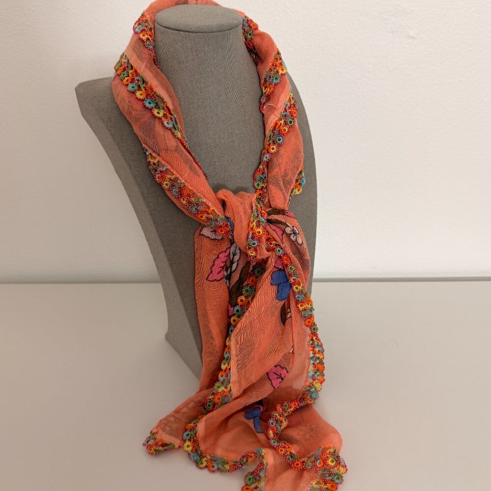Collectable Traditional Turkish Vintage 1940s-1950s Oya Scarf Peach w Multi Col - Picture 2 of 8